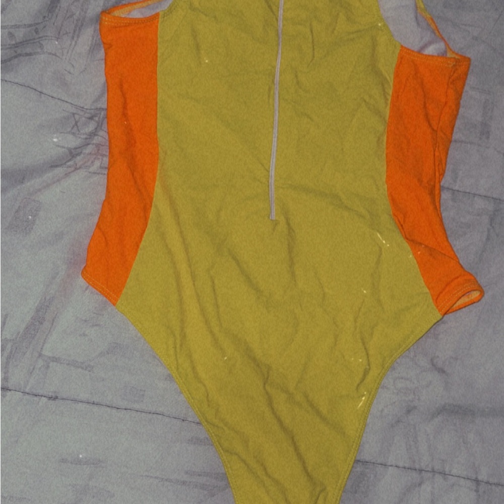 Orange and Olive Women Swim One Piece